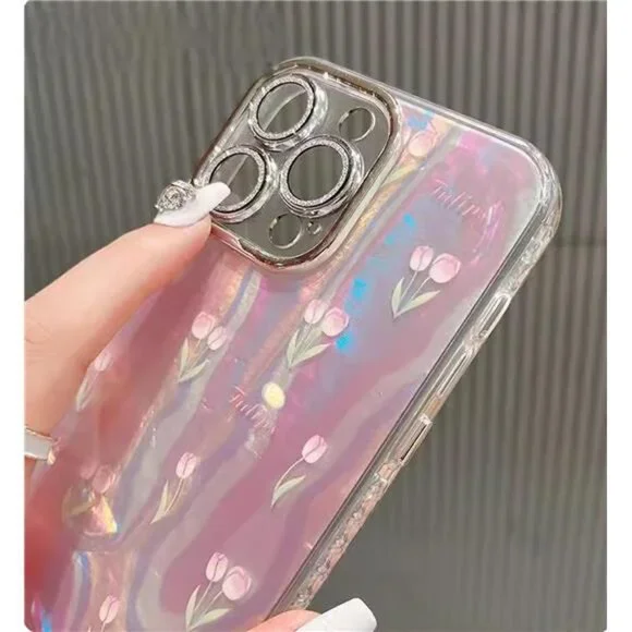 Iphone 16 16 Pro 16 Pro Max Cute Pink Tulip Floral Glitter Protective Cover - Picture 3 of 6